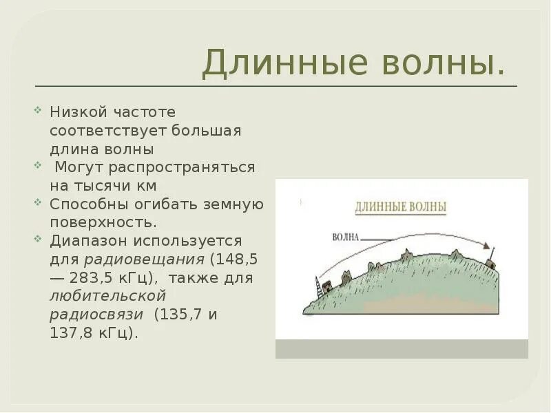 Какая волна длиннее. Свойства длинных волн. Распространение длинных волн. Длинные волны дшина. Длинные волны свойства и применение.