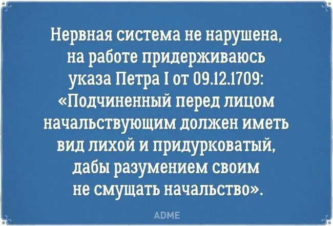 Подчиненный должен иметь вид лихой и придурковатый. Подчиненный перед лицом начальствующим должен иметь вид лихой. Указ Петра 1 подчиненный перед лицом начальствующим. Указ петра о подчиненных