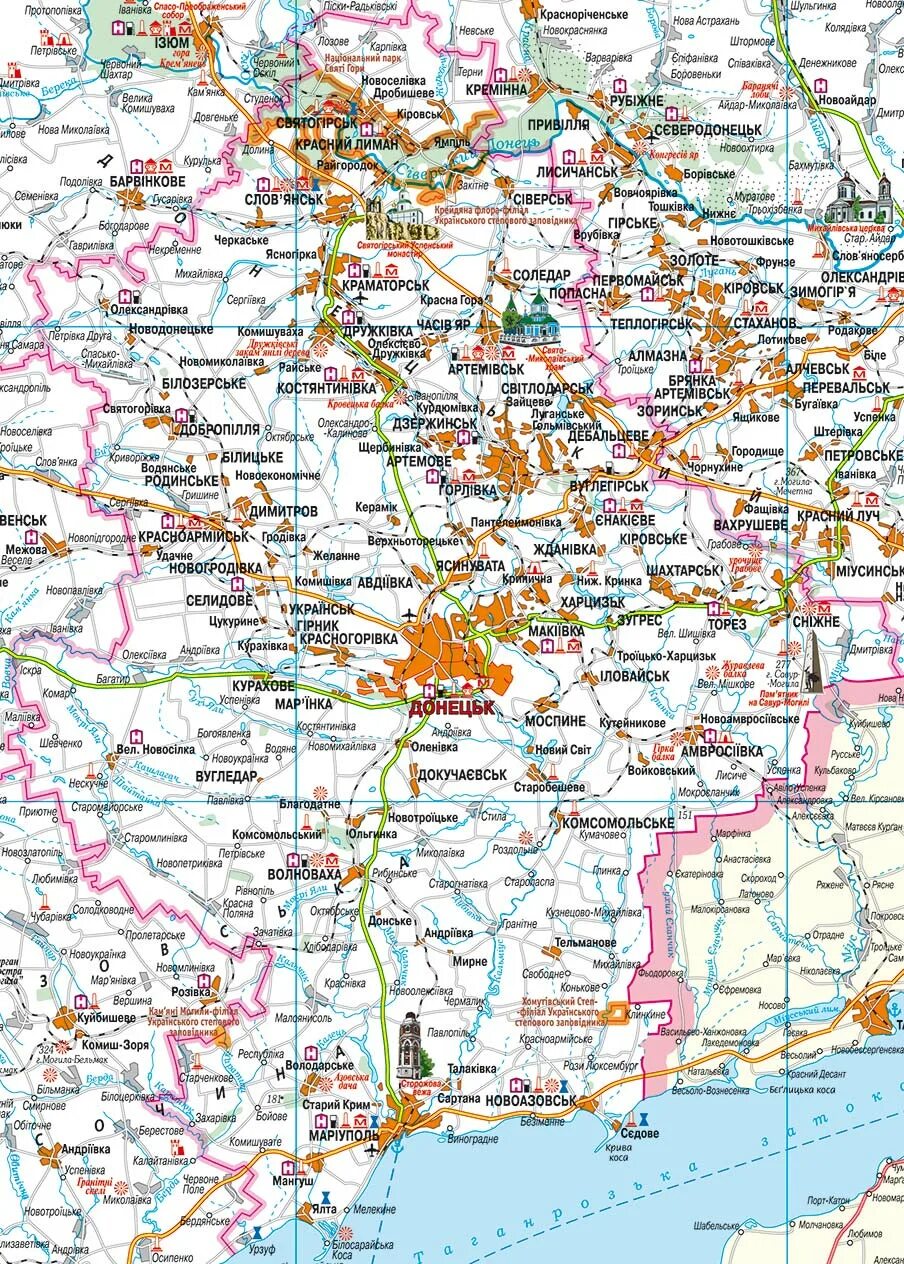 Карта Донецкой области подробная. Донецкая область на карте Украины. Подробная карта Донецкой области Украина. Карта Донецкой области подробная с городами и селами.