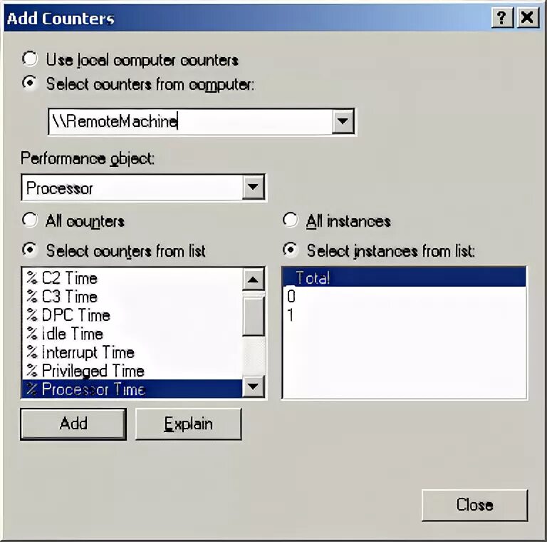 Counter select. Select count. the performance object.