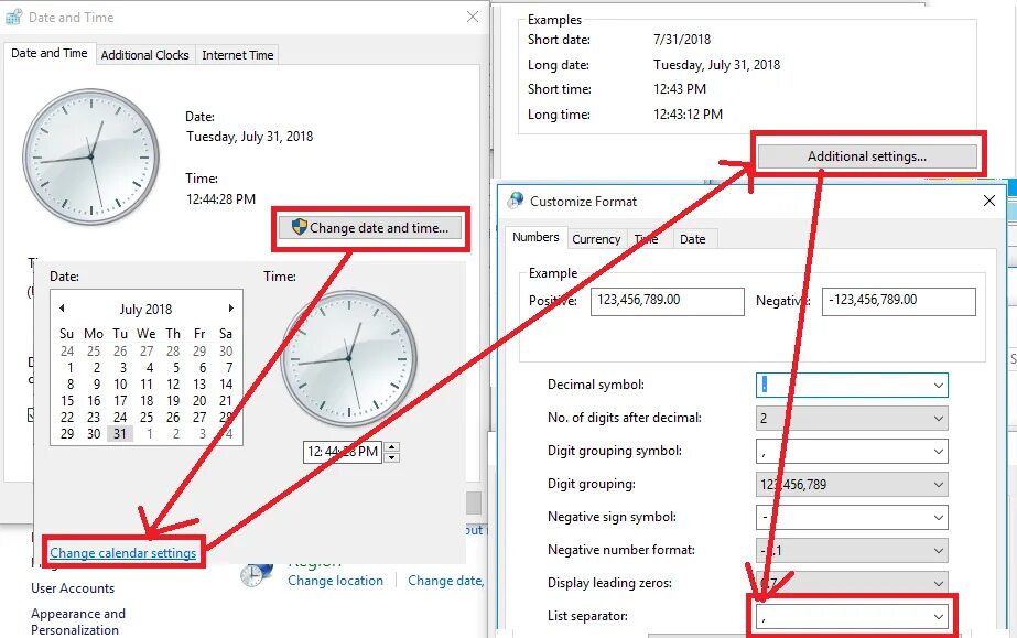 Time date numbers. Excel настройки list Separator. List Separator symbol. Date change line..