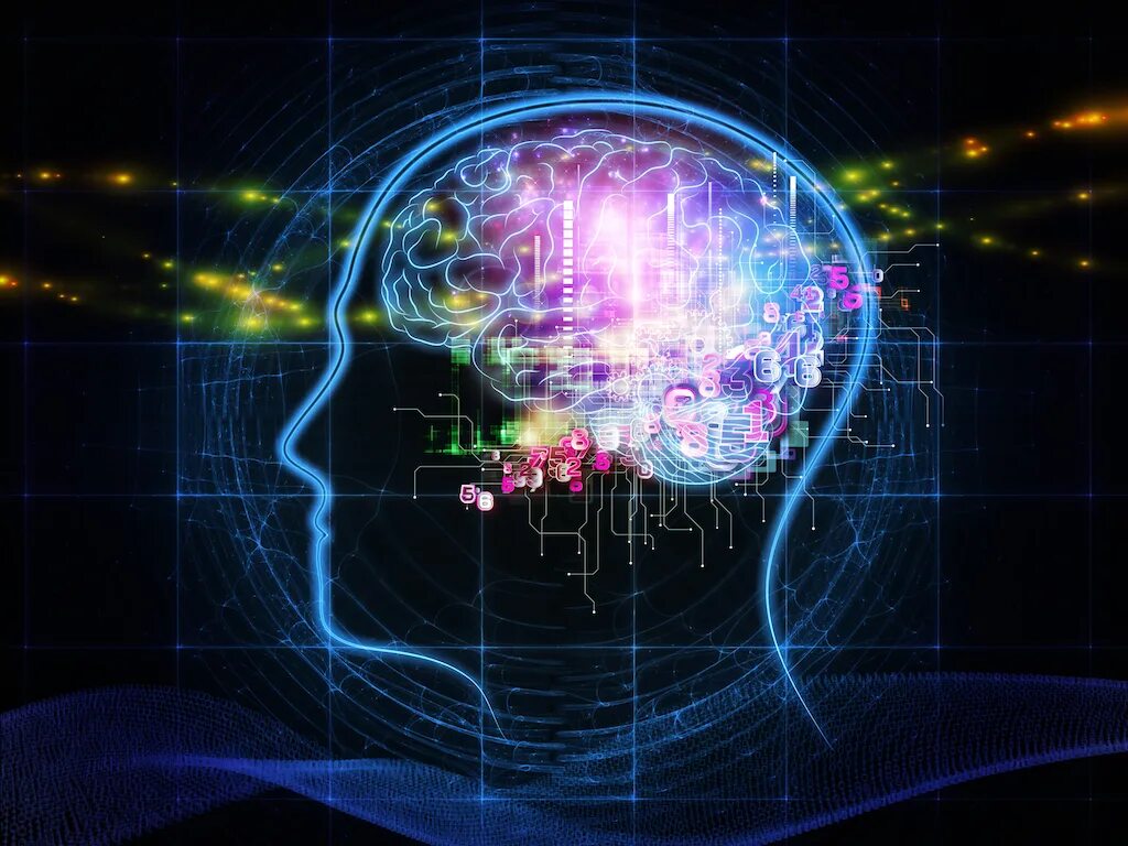 World is mind. Мозг интеллект. Цифровое сознание. Искусственный интеллект. Светящийся мозг.