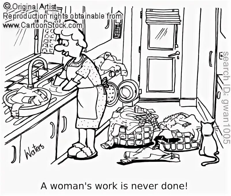I am never at work. A woman’s work is never done. Домохозяйка смешной рисунок карандашом. Робот-домохозяин юморной рисунок карандашом. Never done.