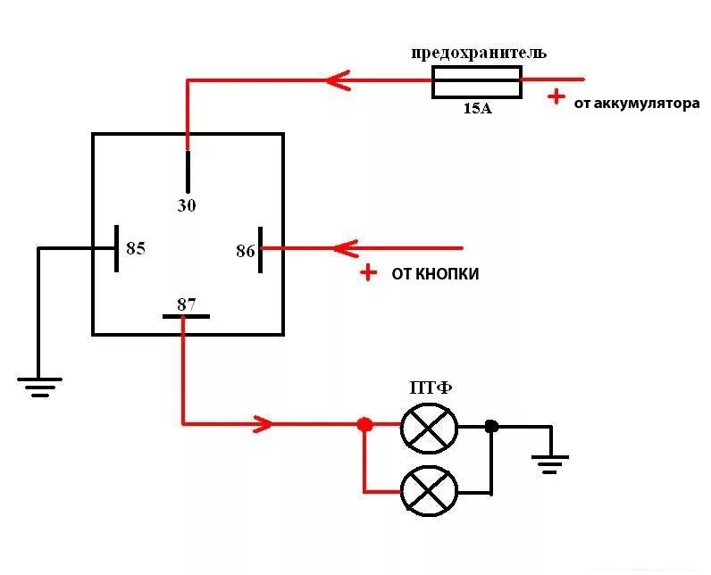 Подключить реле птф. Схема подключения реле противотуманных фар. Схема подключения 4 контактного реле на противотуманки. Подключение 4 контактного реле на противотуманные фары через кнопку. Как подключить кнопку противотуманок через реле.