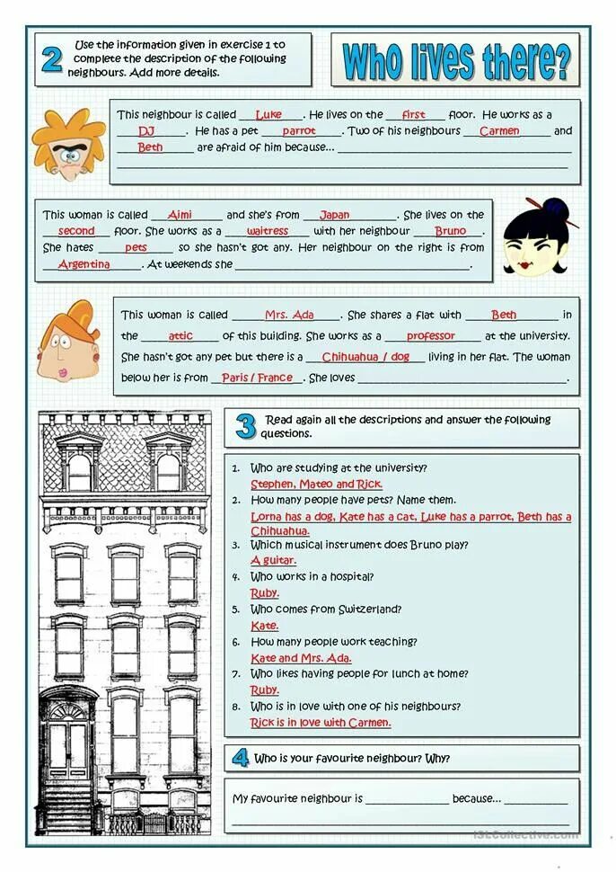 Here is a description of the. Who lives there. neighbours worksheets. who lives there answer. neighbourhood worksheets.