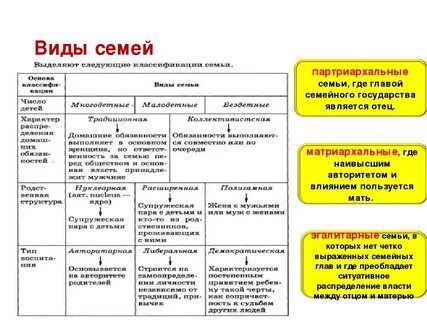 Какие выделяют семьи