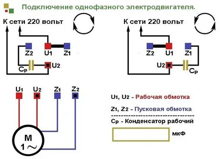 Как подключить асинхронный двигатель на 220 с конденсатором схема
