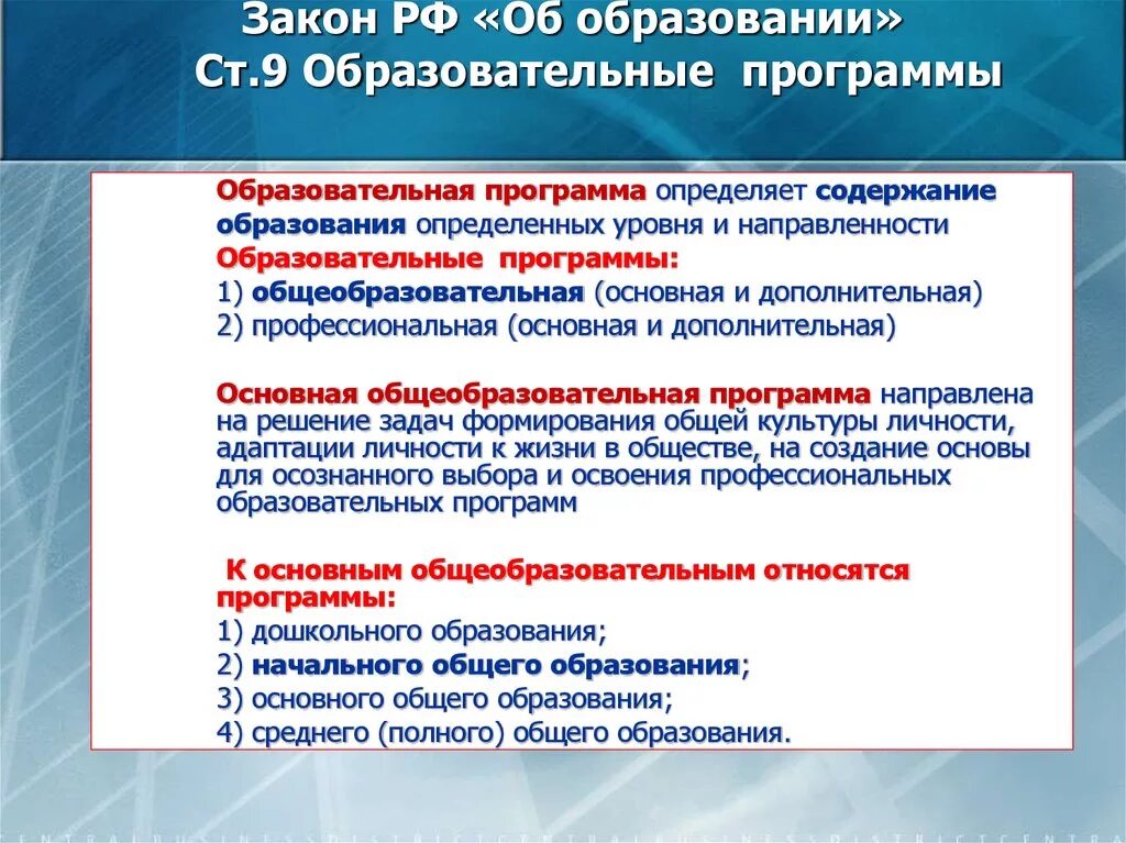 Основные характеристики дополнительных общеобразовательных программ. Образовательные программы в РФ. Основные образовательные программы виды. ФГОС основного профессионального образования. Основная образовательная программа.