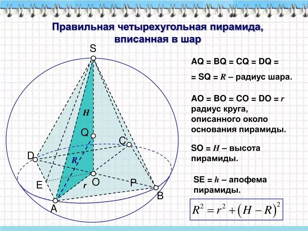 Шар описанный около треугольной пирамиды. Радиус шара описанного около правильной четырехугольной пирамиды. Шар вписанный в четырехугольную пирамиду. Сфера описанная около правильной четырехугольной пирамиды. Правильная 4 угольная пирамида формулы.