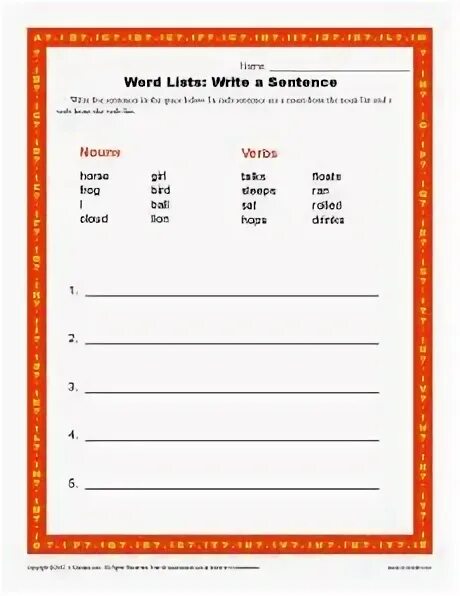 Simple sentence structure Worksheet. Write a sentence for each Word phrase. List of sentences. Write a sentence using each Word. Write a sentence for each situation
