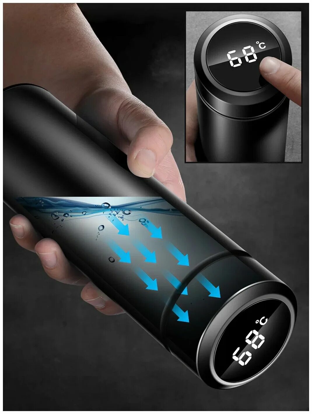 термос хоффман с термодатчиком. термос с термодатчиком 500. умный термос с датчиком температуры 500 мл черный. (черный). Tm-049-b.