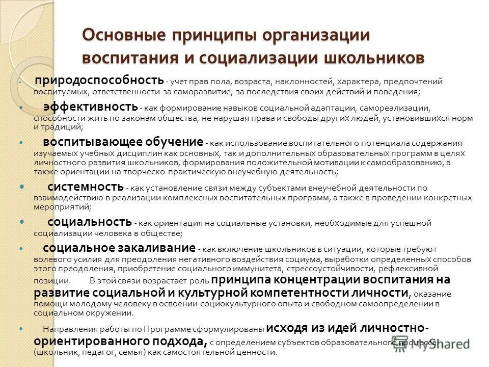 Характеристика основных разделов программы воспитания. Основные принципы организации воспитания. Принципы воспитания и социализ. Принципы воспитания и социализации обучающихся. Принципы воспитательных организаций.