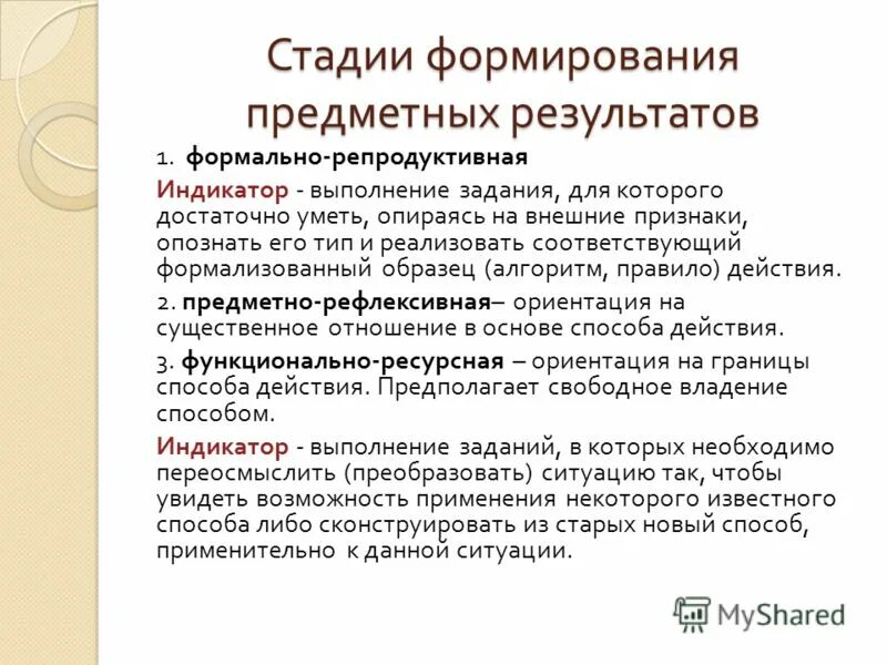 Стадии становления предметного действия. Стадии становления женщины. Предметные Результаты «я и творчество».