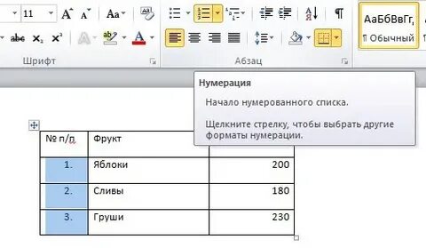 Ворд номер по порядку