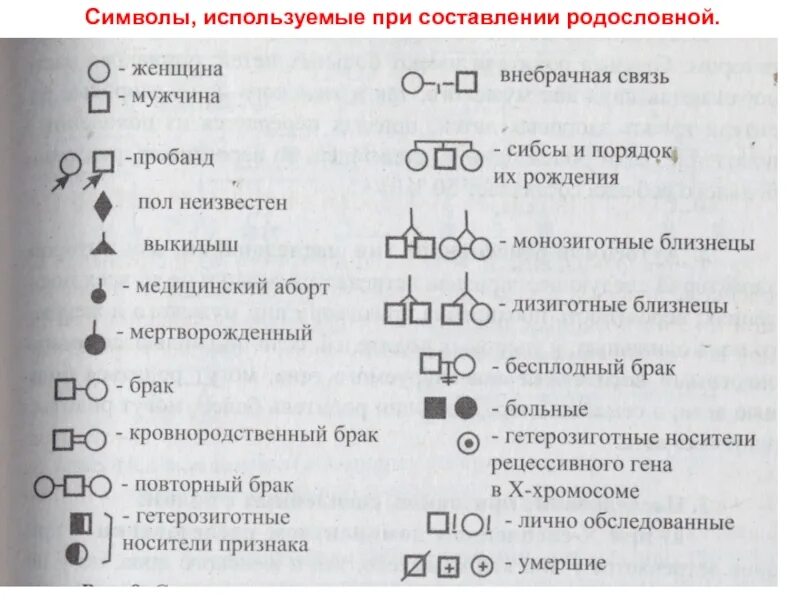 Условные обозначения генетики. Условные обозначения, используемые при составлении родословных. Символы родословной. Символы для составления родословной. Генеалогическое Древо значки.