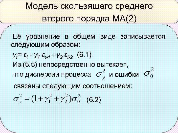 Уравнение модели. Модель скользящего среднего 2 порядка. Модель скользящей средней q-го порядка имеет вид. Модель авторегрессии 1-го порядка. Модель авторегрессии второго порядка.