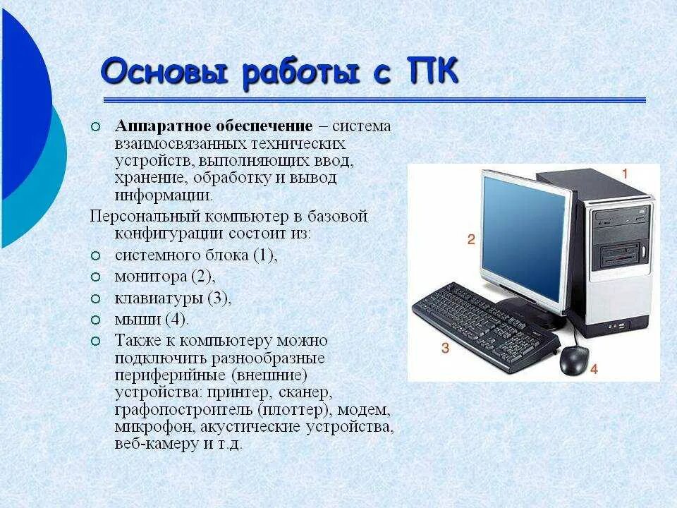 В каком режиме работает персональный компьютер. Аппаратное обеспечение компьютера. Устройство персонального компьютера. Аппаратное компьютерное обеспечение. Основы ПК.