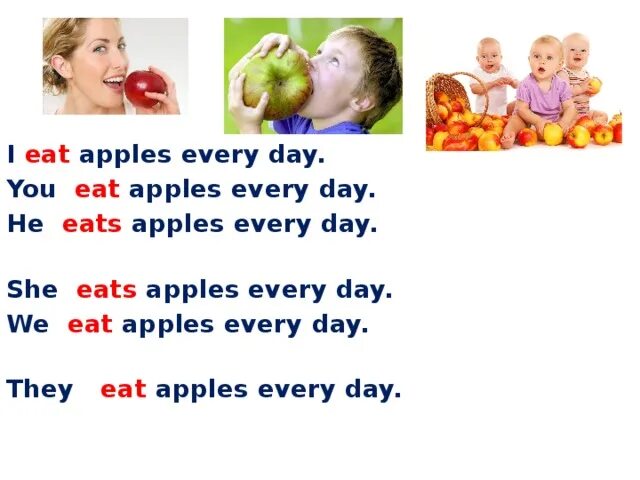 I have got apples. I eat Apple every Day. We ( to eat ) Apples предложения. Eat eats правило. Eat eats правило таблица.