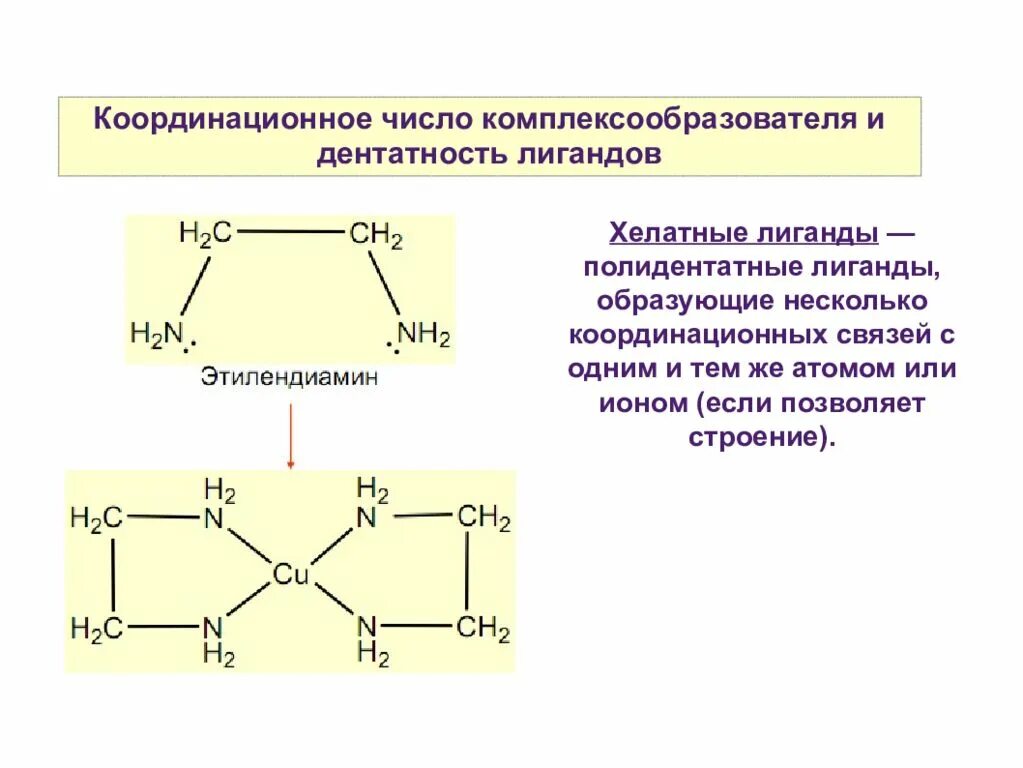 Координация чисел. Хелатные комплексные соединения. Бидентатные лиганды. Хелатообразующие лиганды. Координационное число комплексообразователя.