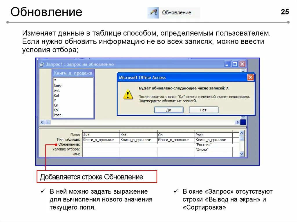 Получение и изменение данных. Способы ввода данных в таблицу. Информация обновлена. Обновление данных. Условие отбора в запросе обновления access.