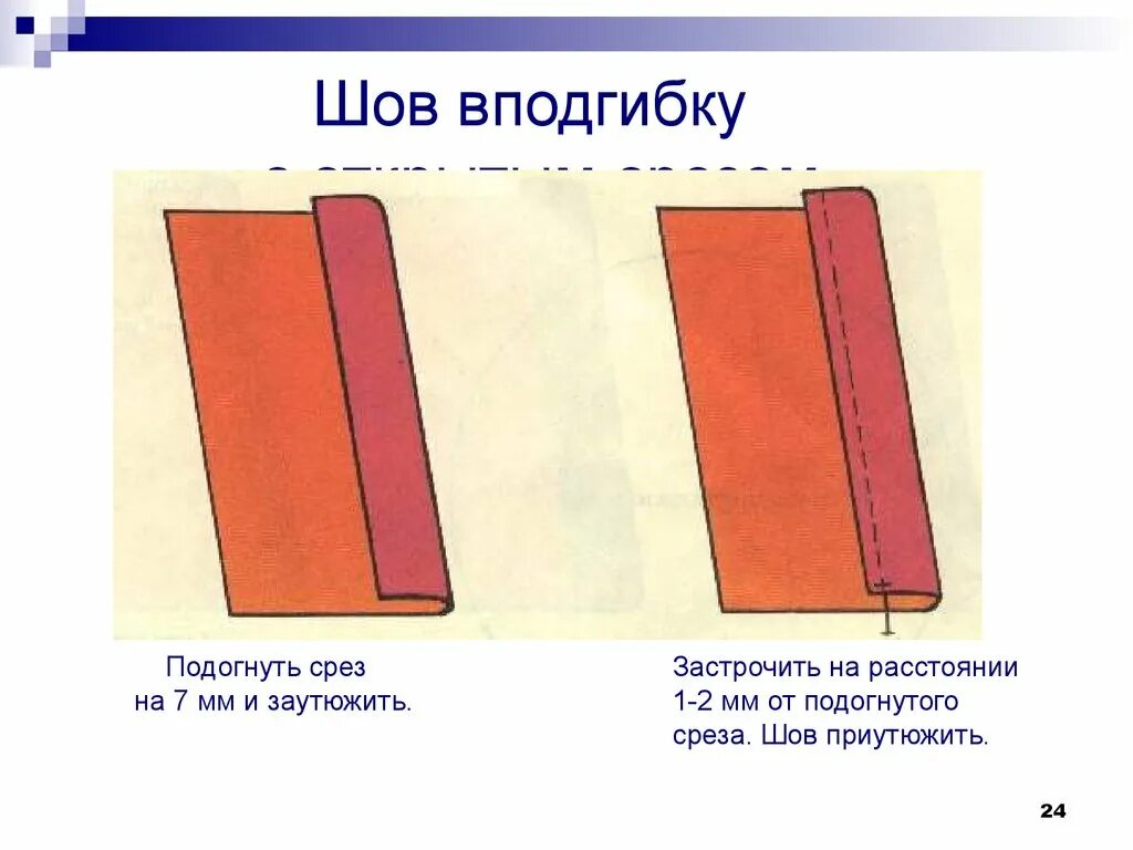 Обработка срезов фартука. Шов вподгибку с закрытым срезом, с открытым срезом. Технологическая карта краевого шва вподгибку. Технологическая карта выполнения шва вподгибку с открытым срезом. Шов в подгибку с открытым срезом схема.