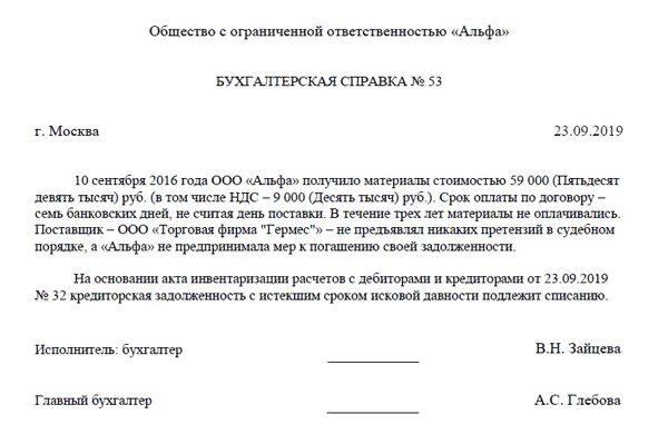 Образец списания кредиторской задолженности