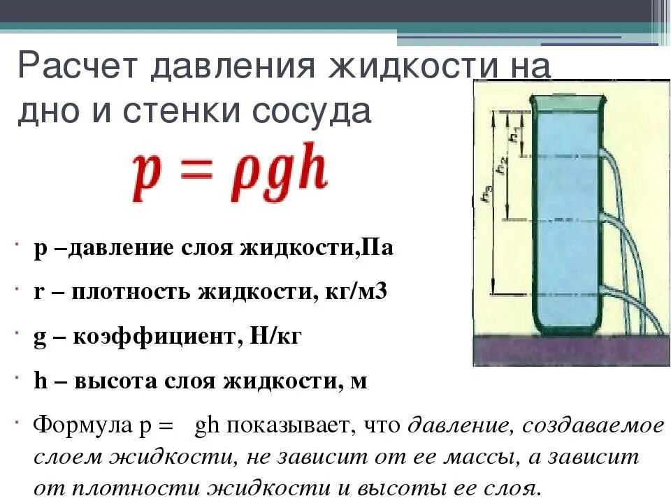 Как давление зависит от объема сосуда. Как посчитать давление воды. формула для расчёта давления жидкости на дно сосуда. давление на дно и стенки сосуда. давление жидкости на дно сосуда.