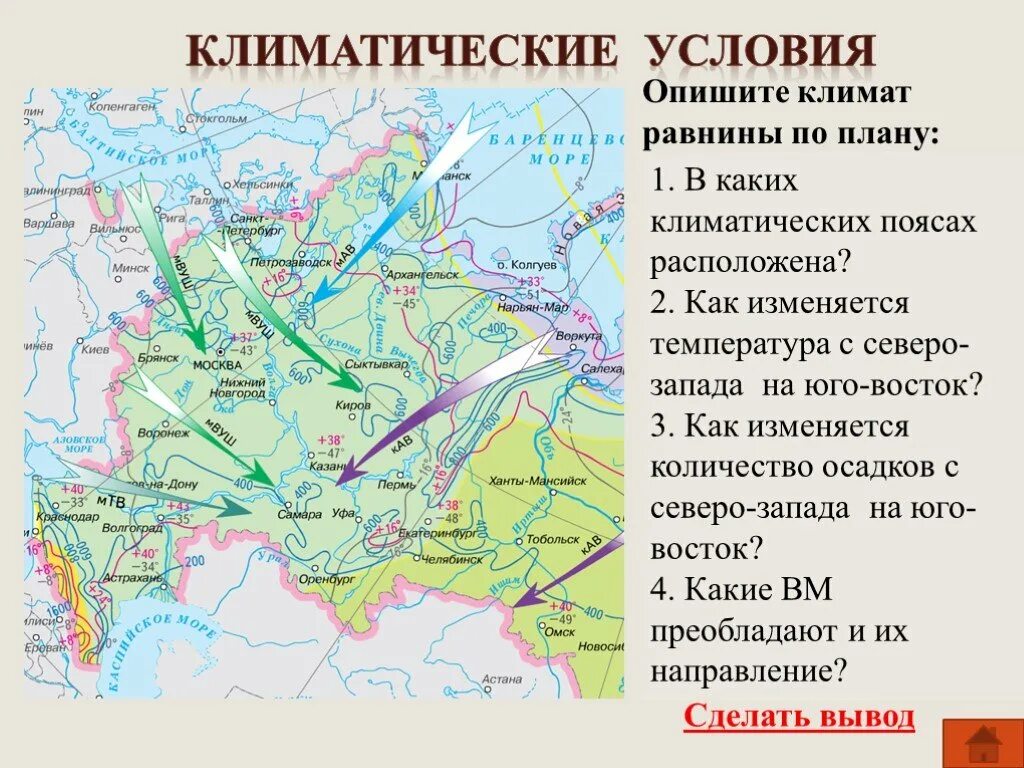 Восточно европейская равнина в каком направлении происходит. Климатическая карта Восточно-европейской равнины. Карта климата Восточно европейской равнины. Климат русской равнины 8 класс. Климат Восточно европейской равнины 8 класс.