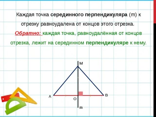 Каждая точка равноудаленная от концов отрезка лежит. Равноудаленная точка это. Серединный перпендикуляр. Серединный перпендикуляр в треугольнике. Серединный перпендикуляр к отрезку.