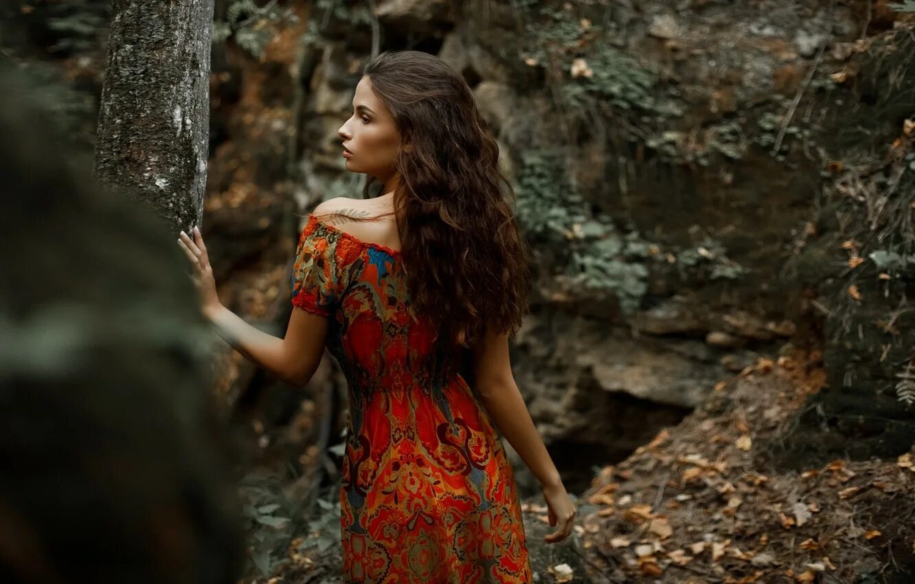 Красивая дикая девушка. Девушка в лесу на дереве. Девушка в платье в профиль. Дикая девушка в лесу.