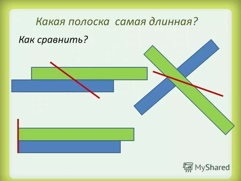 Сравнение предметов по длине 1 класс. Способы сравнения предметов по длине. Полоски по длине. Сравнение длин предметов 1 класс-. Сильнее толще длиннее