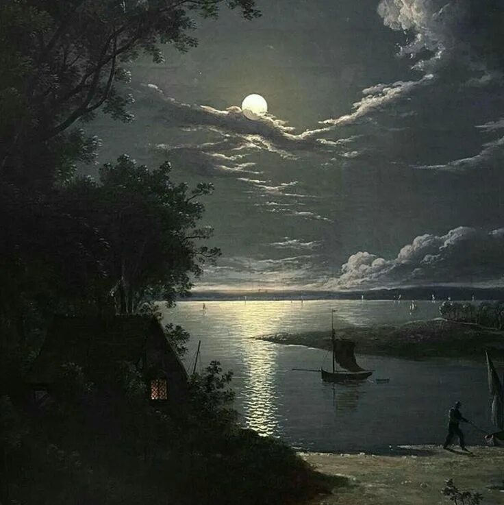 Лунная ночь картина фото Moonlight Scene by Sebastian Pether 1819 (Victoria Art Gallery, Bath) Night land