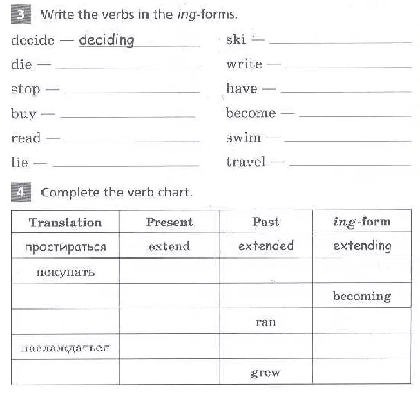 Write the ing form. Complete the Chart of the verb have. Translation present past ing form простираться Extended. Extended forms ответы.