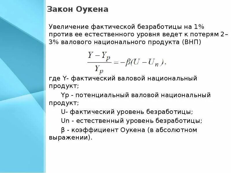 Фактический уровень безработных. Формула Оукена безработица. ВВП И безработица формула. Фактическая безработица. Закон Оукена формула.