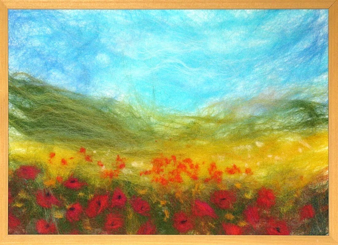 Сложные пейзажи из шерсти марины аскеровой. Поле шерстью. Картина шерстью маковое поле. Поле шерстью. Woolla шерстяная акварель.