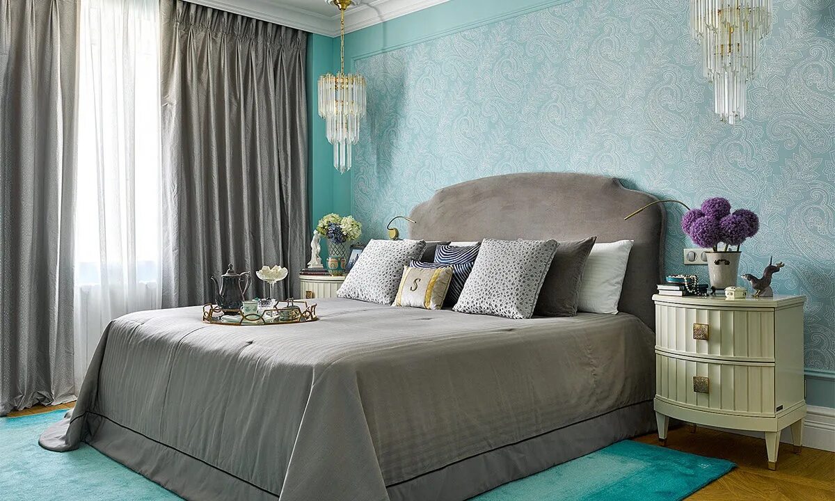 Спальня в синих тонах. Какой цвет штор подойдет к голубым обоям. Синие шторы. Какой цвет штор подойдет к голубым обоям. Шторы атти 01 бирюза.