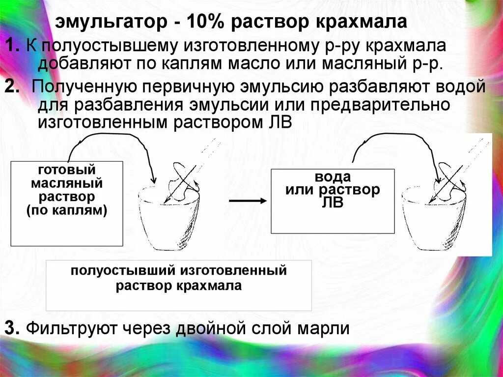 5 раствор крахмала. Приготовление первичной эмульсии. Разбавленные эмульсии. Эмульгаторы для эмульсий. Раствор крахмала.