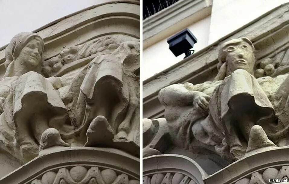 Превратился в статую. Реставраторы отреставрировали скульптуры в петербурге. скульптуры после реставрации. неудачная реставрация здания. отреставрировали статую на здании.