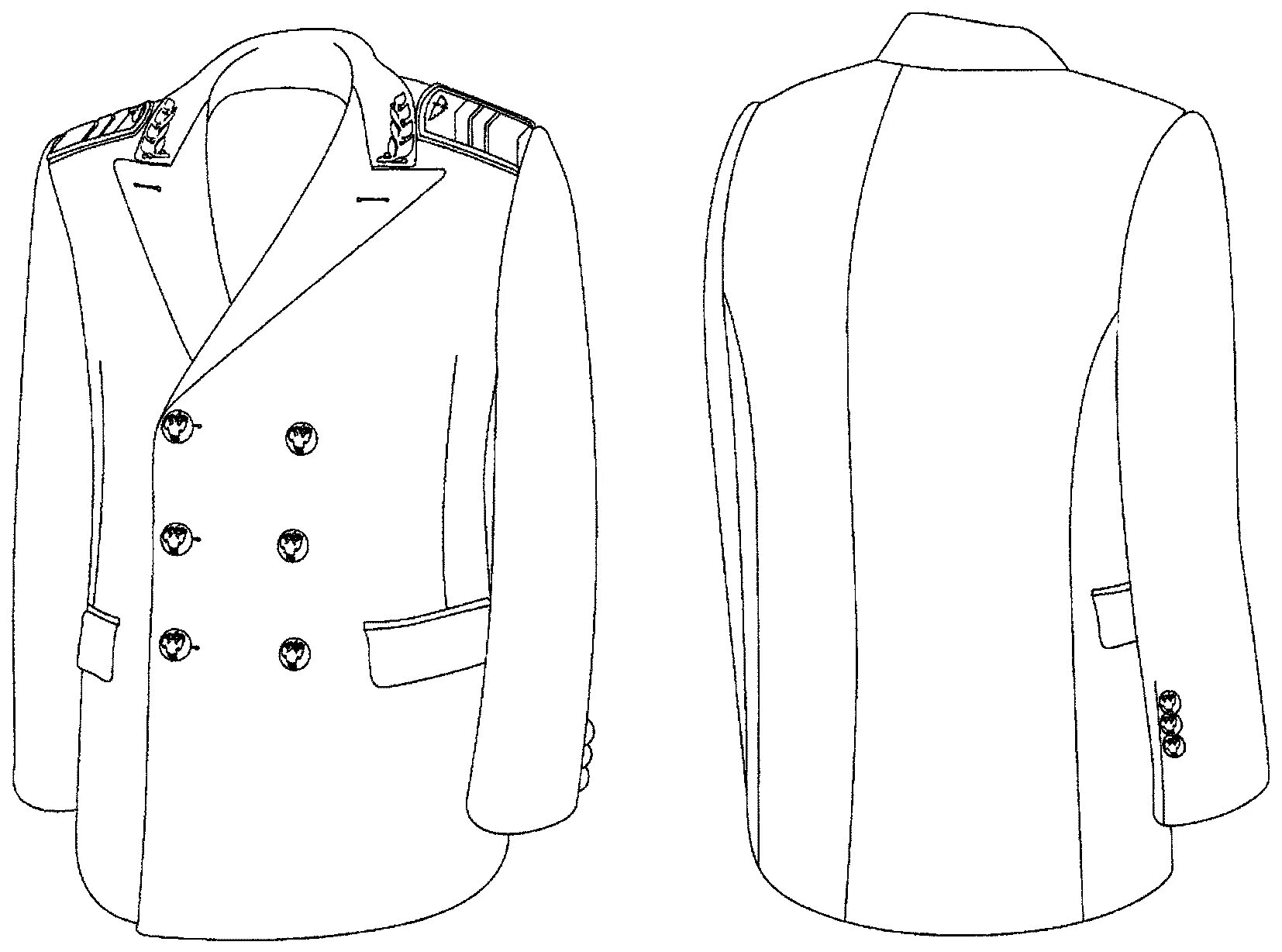 Двубортная домашняя или форменная куртка. Китель. Технический рисунок пиджака. Пиджак мужской рисунок. Технический эскиз пиджака сбоку.