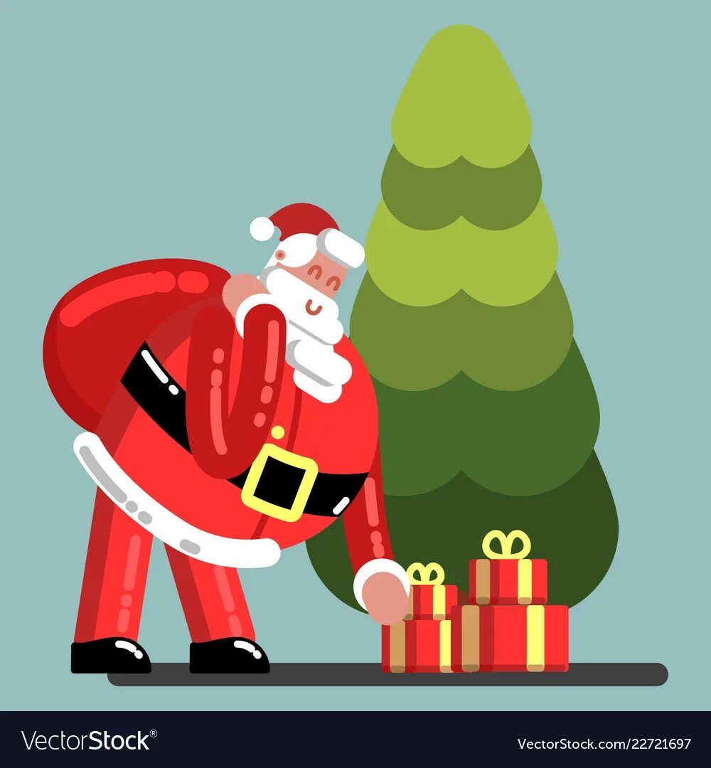 The under presents. Santa Eaput presents under the treeclipart. Santa puts presents vector. Santa putting presents under the Tree picture.