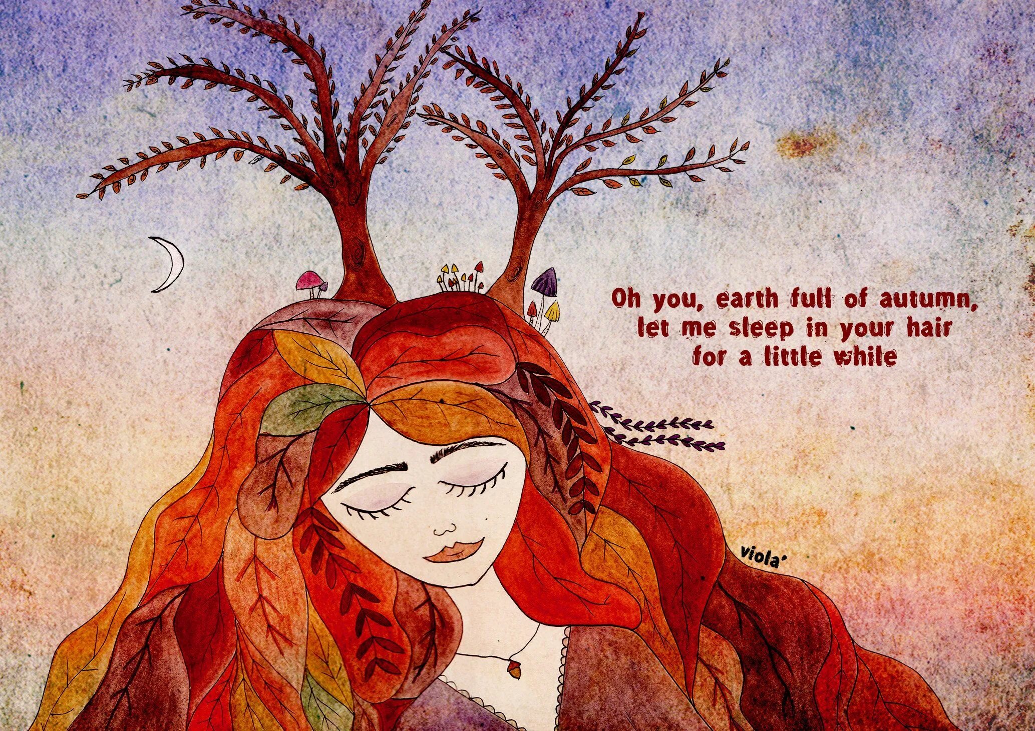 He learn the poem by the autumn. Dream art poem. whimsical woman with galaxy in her hair.