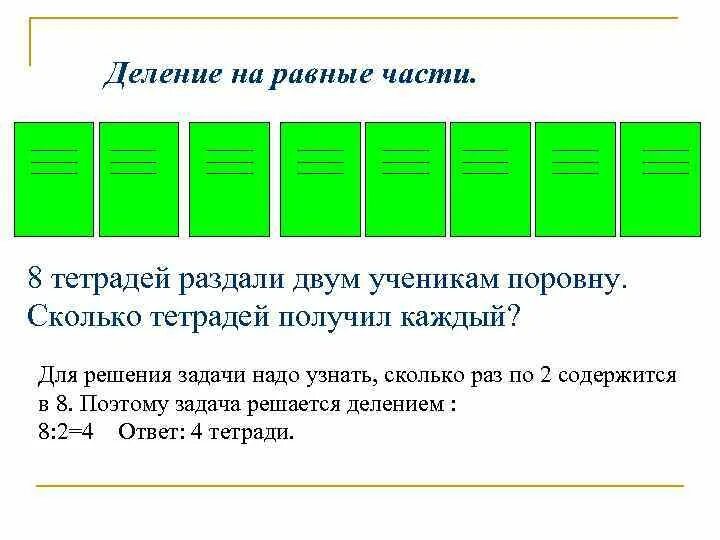 По сколько тетрадей дали. Задачи на деление на равные части. Тетрадь с делениями. Задачи на конкретный смысл деления. Разделить на две равные части.