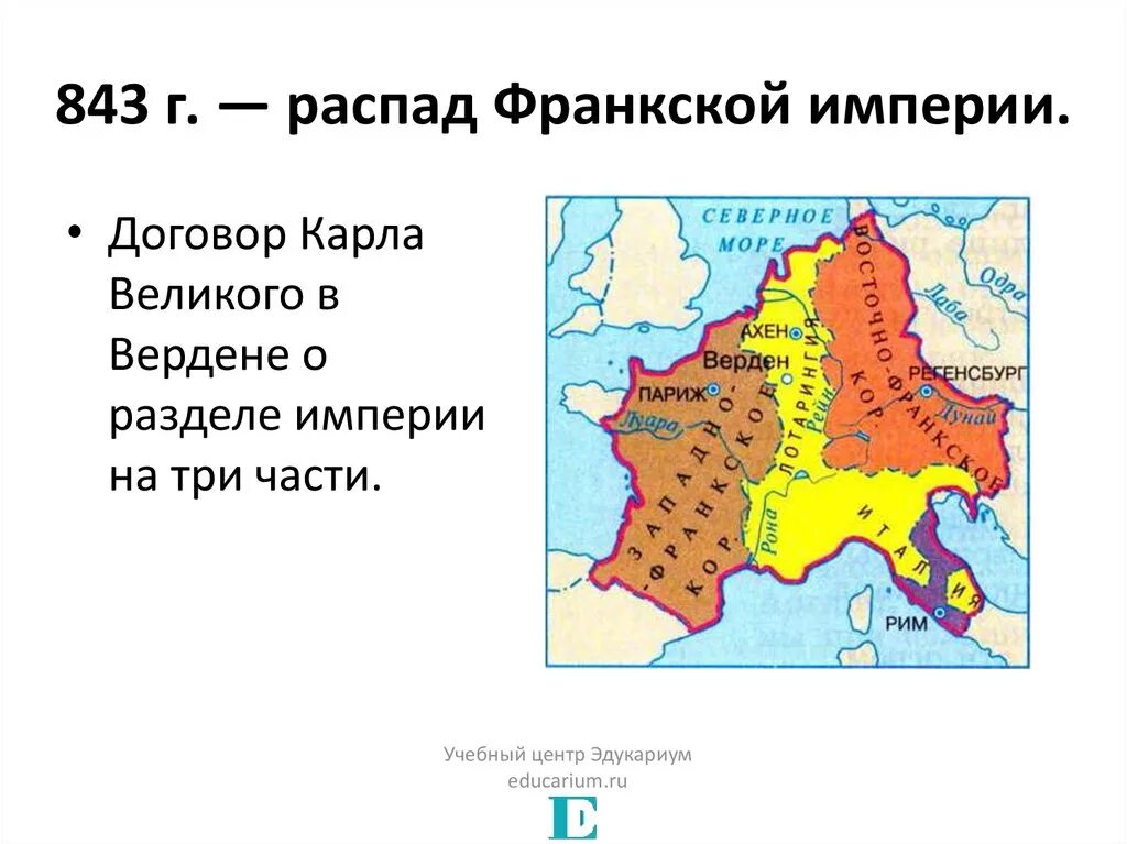 Возникновение франкской империи. 843 Г. − распад Франкской империи. 843 Год распад Франкской империи.