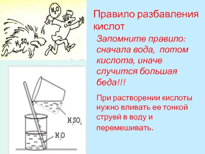 При разбавлении кислоты. Правила разбавления кислот. сначала вода потом кислота иначе случится большая беда. правило растворения кислоты. кислоты презентация 8 класс.