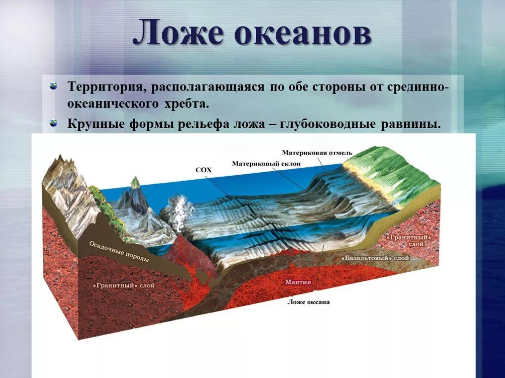 Дно мирового океана 5 класс география. Ложе океана срединно-океанический хребет шельф глубоководный жёлоб. Ложе океана. Рельеф ложа океана. Шельф материковый склон ложе океана.