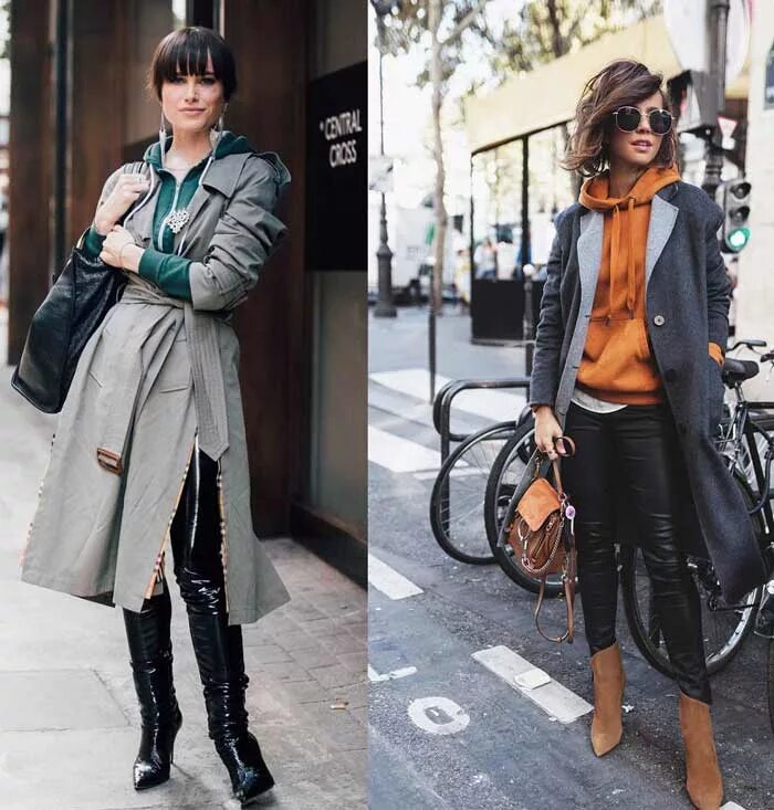 Модные образы на каждый день зима. Черные джинсы с лодочками. Блейзер с черной джинсовой юбкой. Образы с кожаным тренчем и толстовкой. Модный лук 2021 осень фон.