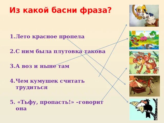 А воз и ныне там из какой басни. Чем кумушек считать трудиться из какой басни. Чем кумушек считать трудиться не из какой басни. Тьфу пропасть говорит она из какой басни Крылова.