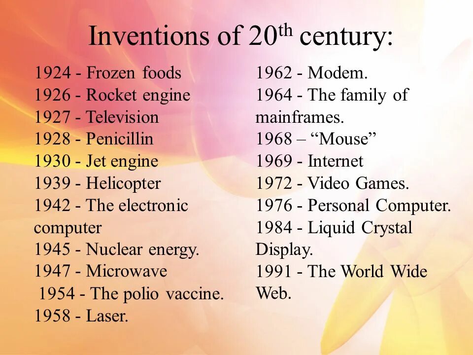 Important inventions. Inventions of the 20th century. inventions of 21 century.