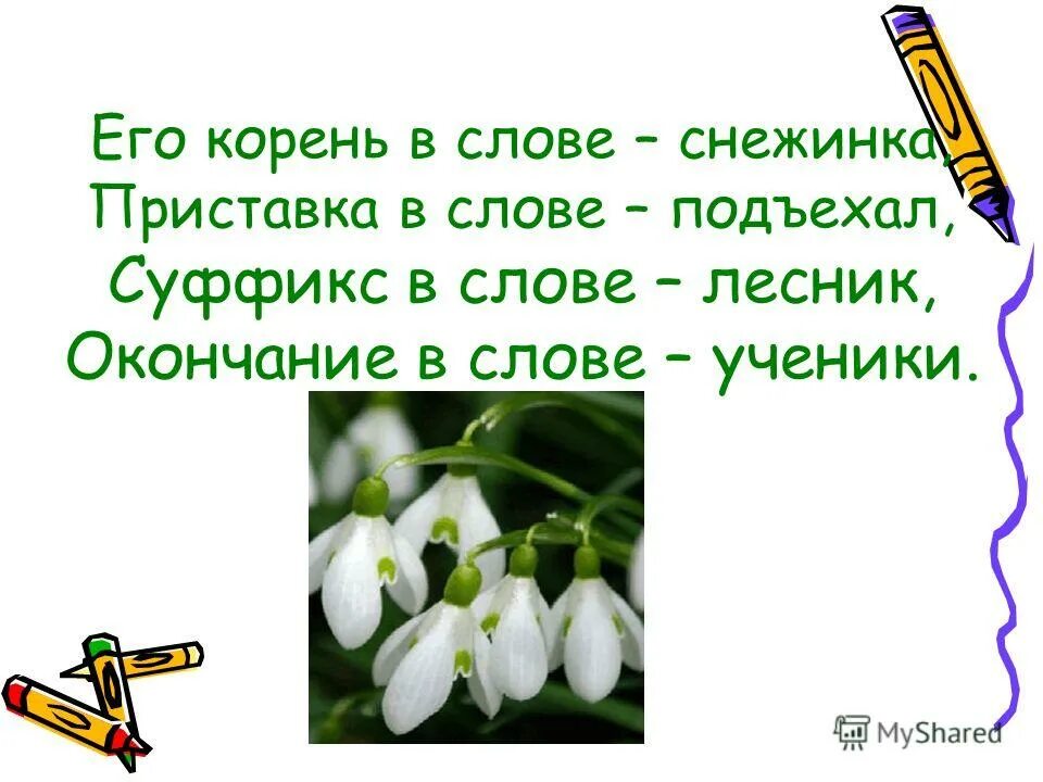 Суффикс в слове Снежинка. Корень в слове Снежинка. Приставка в слове подъехал. Корень слова подъехал.