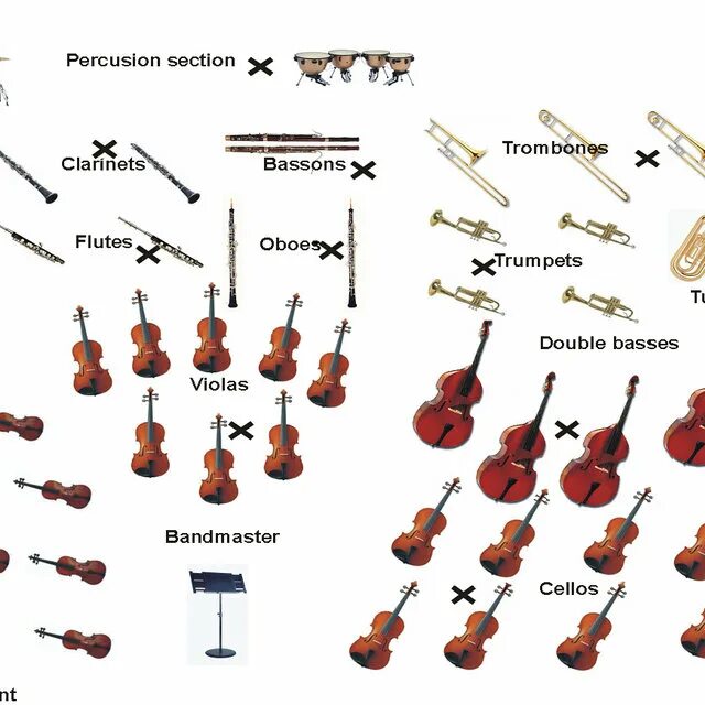 Orchestra instruments. Музыкальные инструменты симфонического оркестра. Расположение инструментов в оркестре. Музыкальные инструменты симфонического оркестра по группам. Orchestral instruments.